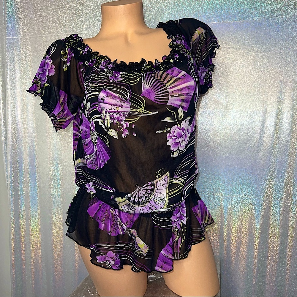 Suzy sheer blouse mesh fans Asia purple lime green white black cute y2k top